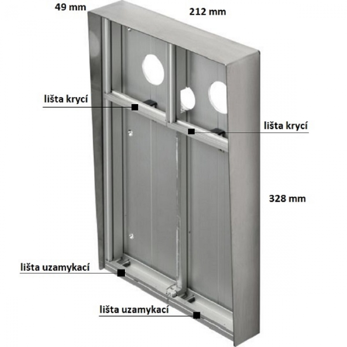 Krabice montážní nad omítku se stříškou GARANT dva moduly a čtyřmodulový jmenovník vertikální hliníkový profil
