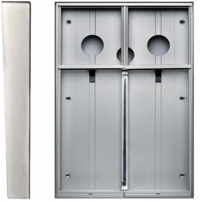 Krabice montážní nad omítku se stříškou GARANT dva moduly a čtyřmodulový jmenovník vertikální hliníkový profil