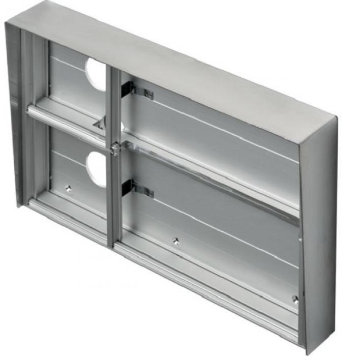 Krabice montážní nad omítku se stříškou GARANT dva moduly a čtyřmodulový jmenovník horizontální hliníkový profil