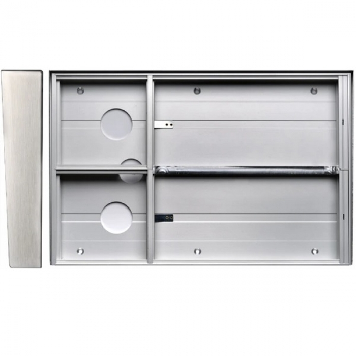 Krabice montážní nad omítku se stříškou GARANT dva moduly a čtyřmodulový jmenovník horizontální hliníkový profil