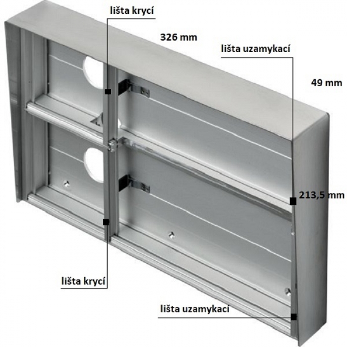 Krabice montážní nad omítku se stříškou GARANT dva moduly a čtyřmodulový jmenovník horizontální hliníkový profil