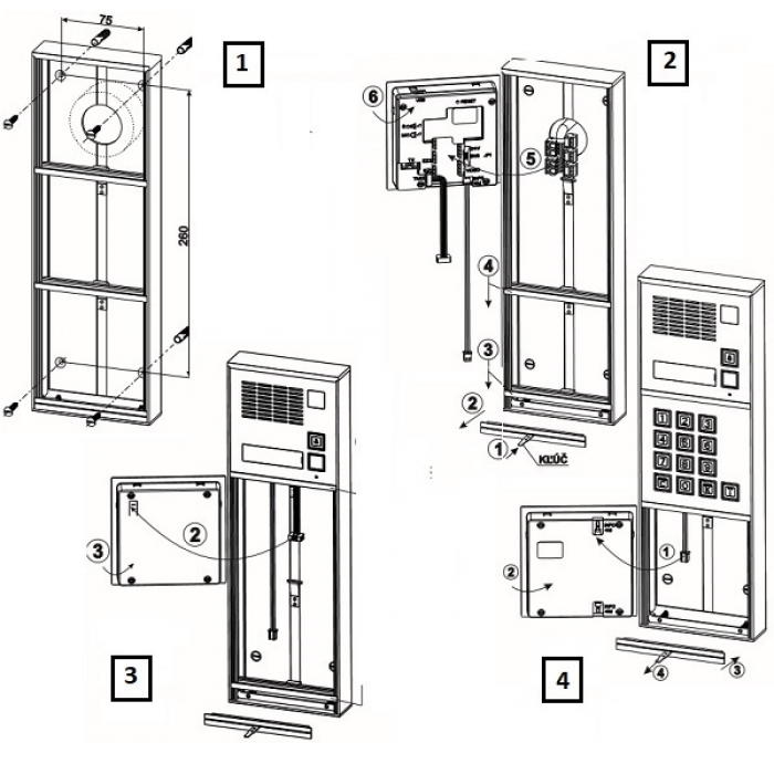 Krabice montážní nad omítku se stříškou GARANT dva moduly a čtyřmodulový jmenovník horizontální hliníkový profil