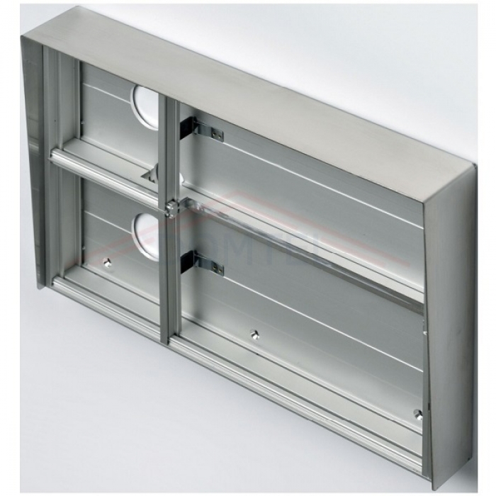 Krabice montážní nad omítku se stříškou GARANT dva moduly a čtyřmodulový jmenovník horizontální hliníkový profil