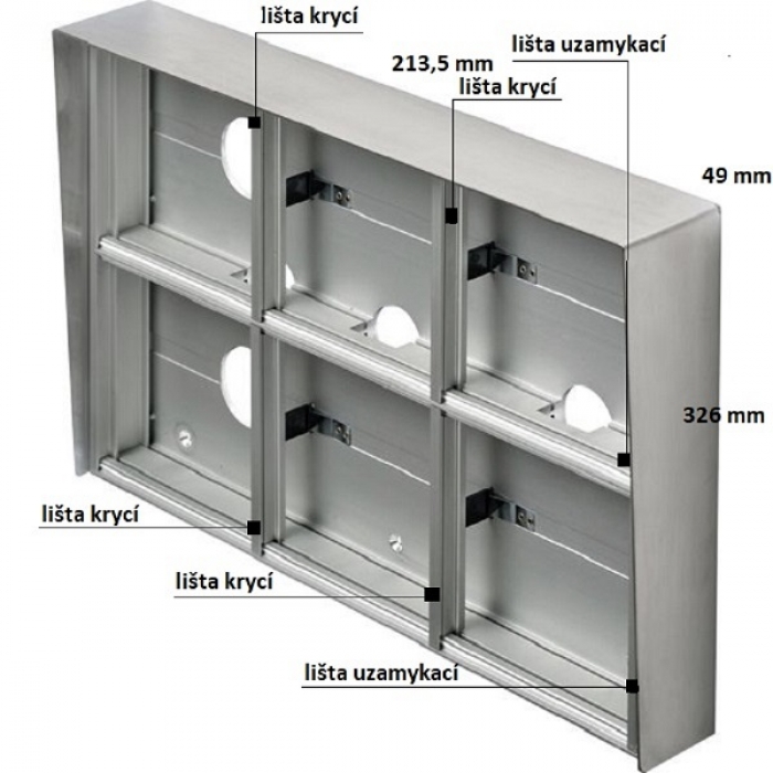 Krabice montážní nad omítku se stříškou GARANT šest modulů horizontální hliníkový profil