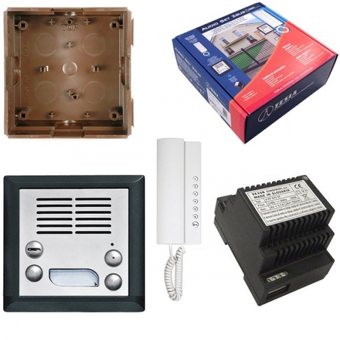 Domovní telefony TESLA 2-BUS sada elektrický vrátný nerez inox, domácí telefon, síťový napaječ