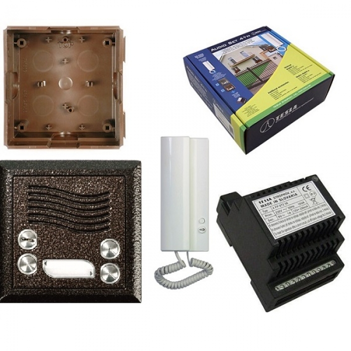 Domovní telefony TESLA 4+n sada elektrický vrátný antika měděná, domácí telefon, síťový napaječ