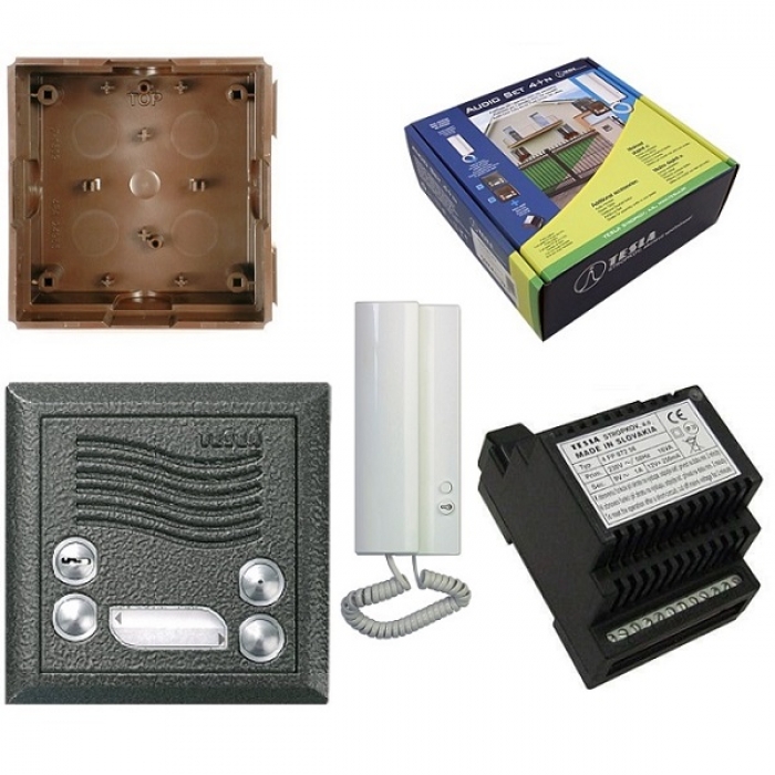 Domovní telefony TESLA 4+n sada elektrický vrátný antika stříbrná, domácí telefon, síťový napaječ