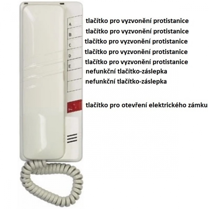 Domácí telefon DT52 TESLA 4+n vyzvánění elektronické, volba protistanice 5 tlačítek, barva bílá