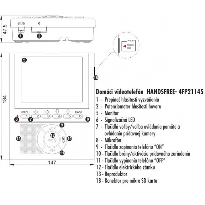 Domovní videotelefon DVT 45 TESLA VIDEO 5" barevný LCD displej, interkom, paměť SD karta, barva stříbrná