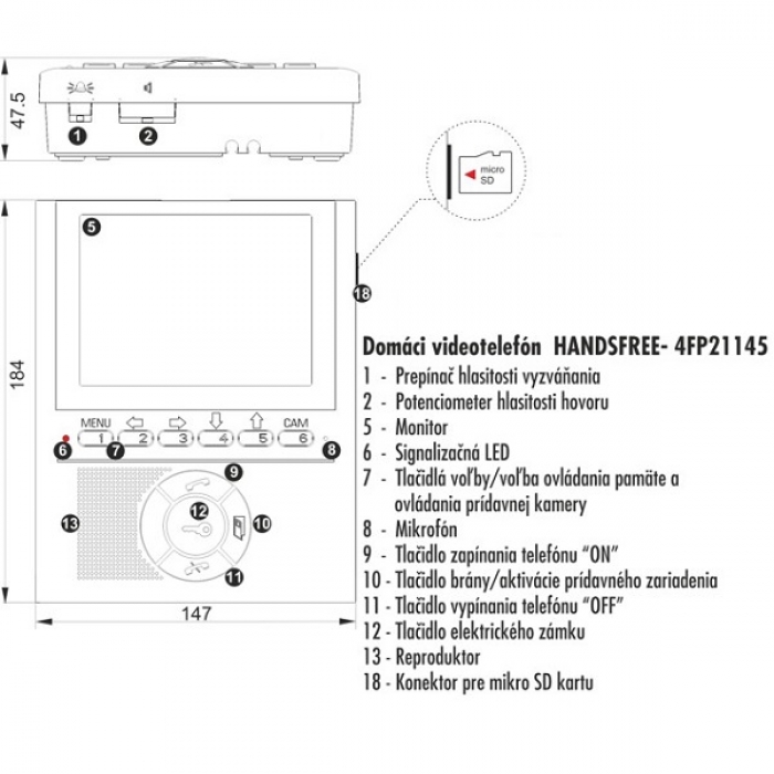 Domovní videotelefon DVT 45 TESLA VIDEO 5" barevný LCD displej, interkom, paměť SD karta, barva bílá