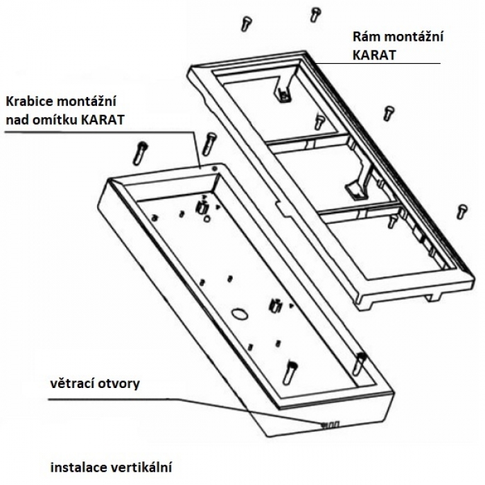 Krabice montážní nad omítku KARAT šest modulů vertikální barva černá