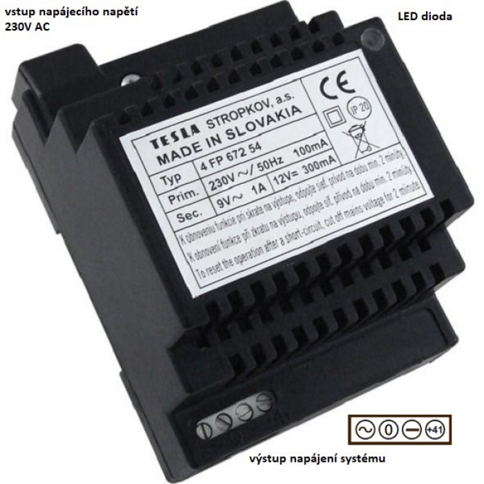 Síťový napaječ SN 54 domácí telefony 4+n výstup DC 12V/300mA, AC 9V/1A, rozměr 4 DIN