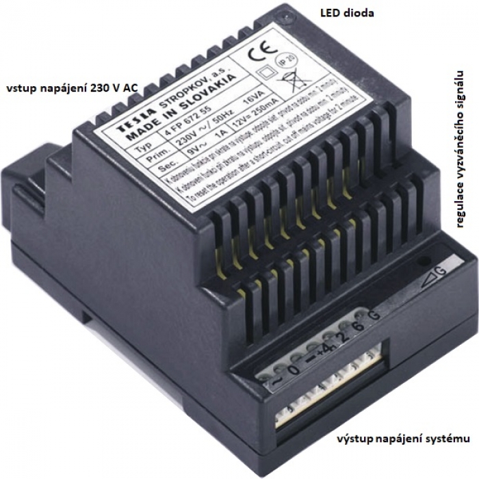 Síťový napaječ SN 55 domácí telefony 4+n výstup DC 12V/250mA, AC 9V/1A, vyzvánění generátor i AC, rozměr 4 DIN