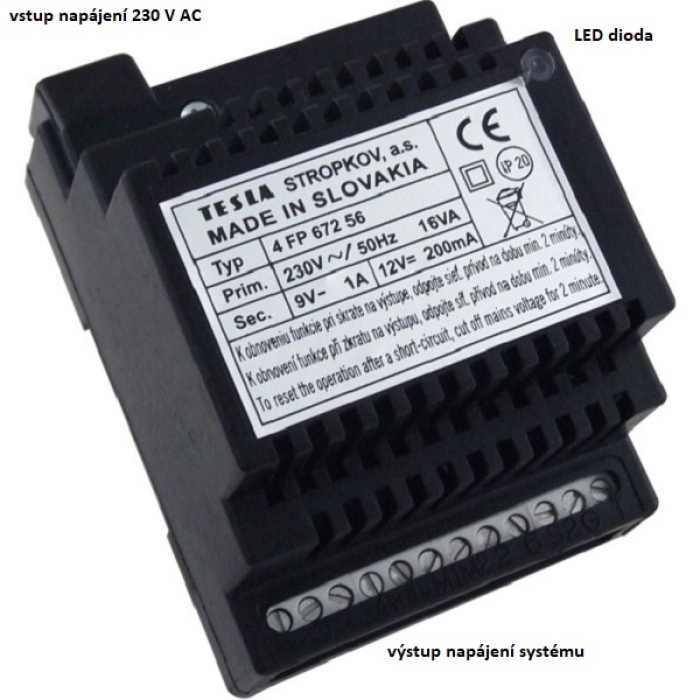 Síťový napaječ SN 56 domácí telefony 4+n výstup DC 12V/250mA, AC 9V/1A, vyzvánění generátor, rozměr 4 DIN