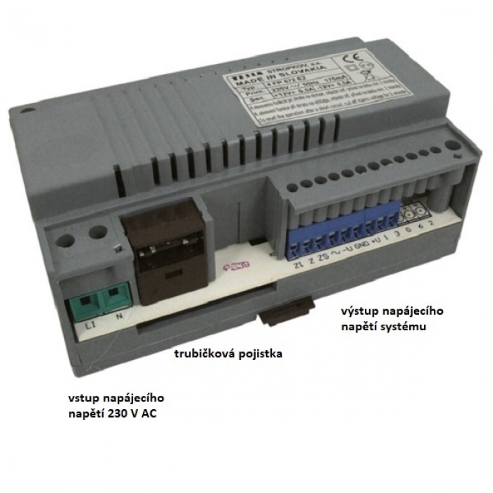 Síťový napaječ SN 62 domácí telefony 4+n výstup DC +12V/500mA a -12V/500mA, AC 12V/500mA, rozměr 7 DIN