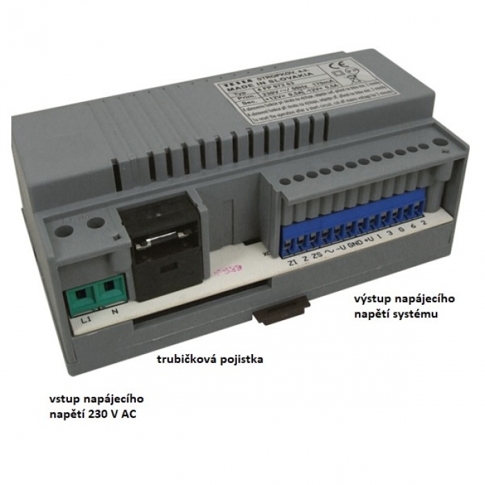 Síťový napaječ SN 63 domácí telefony 4+n výstup DC +12V/500mA a -12V/500mA, AC 12V/500mA, generátor, rozměr 7 DIN